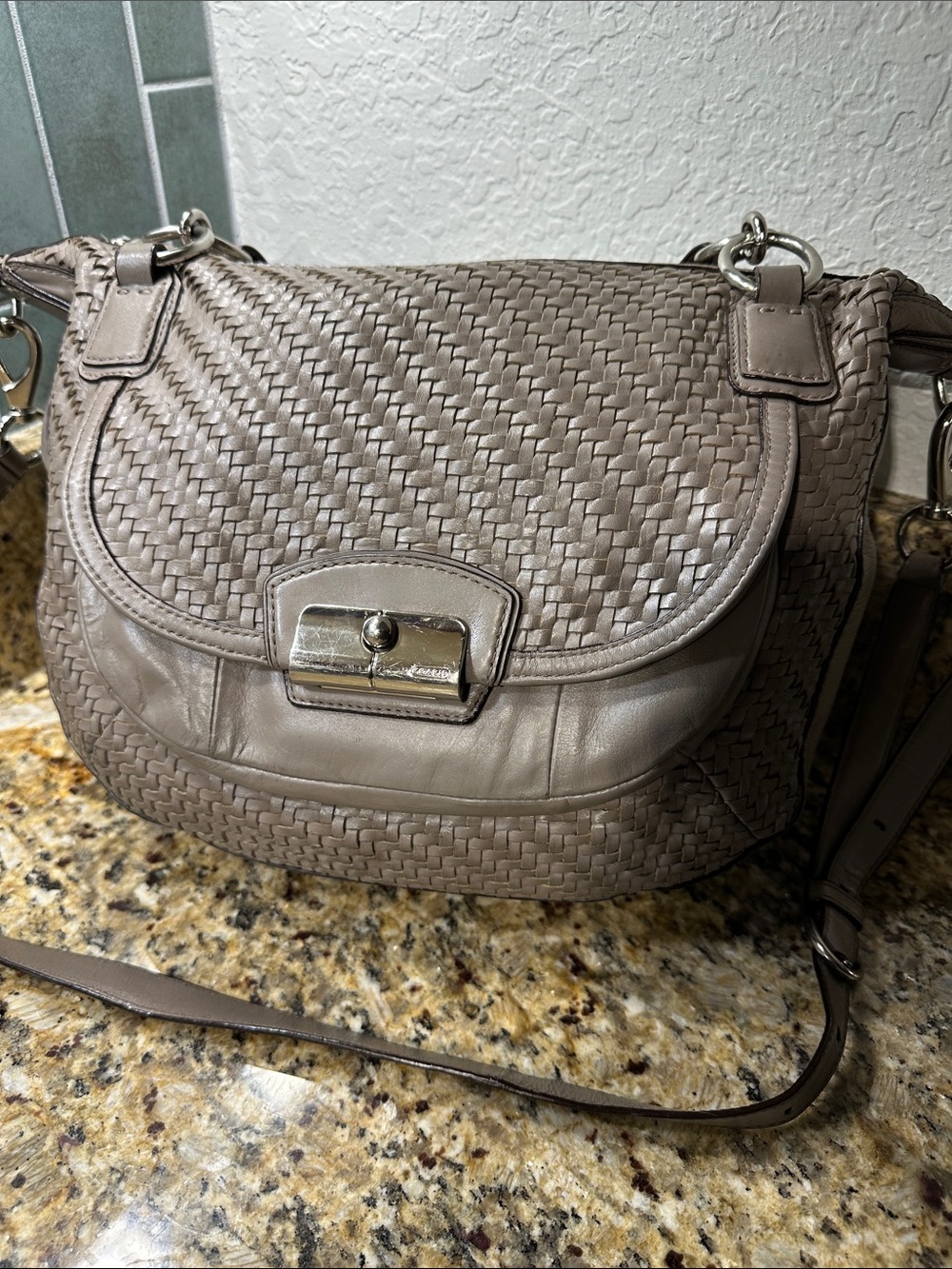 Coach Kristen Woven Leather Shoulder Satchel in Taupe Gray with pink interior